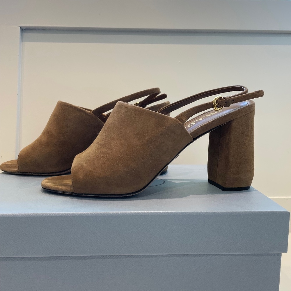 Prada size 38.5 suede block heel sandals